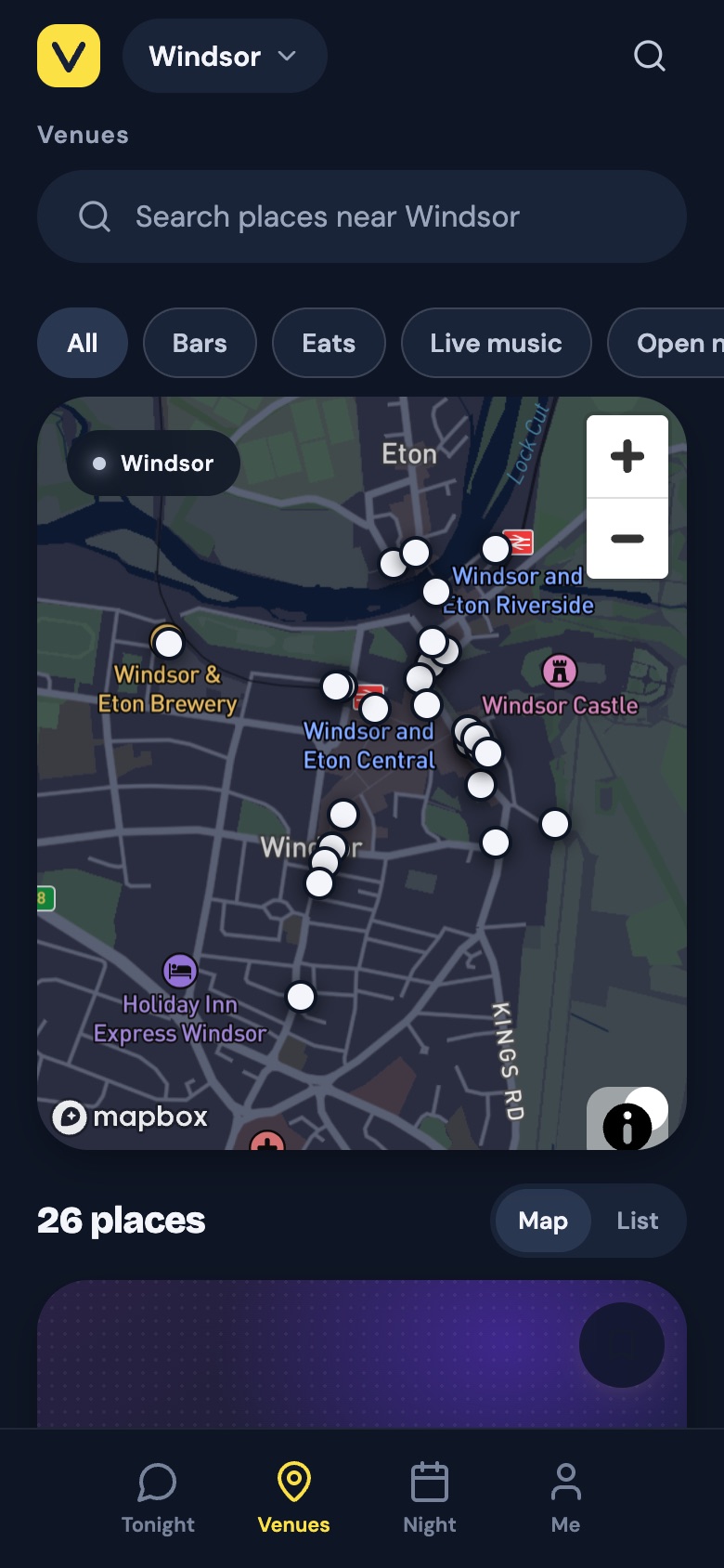 The Explore map with venues pinned