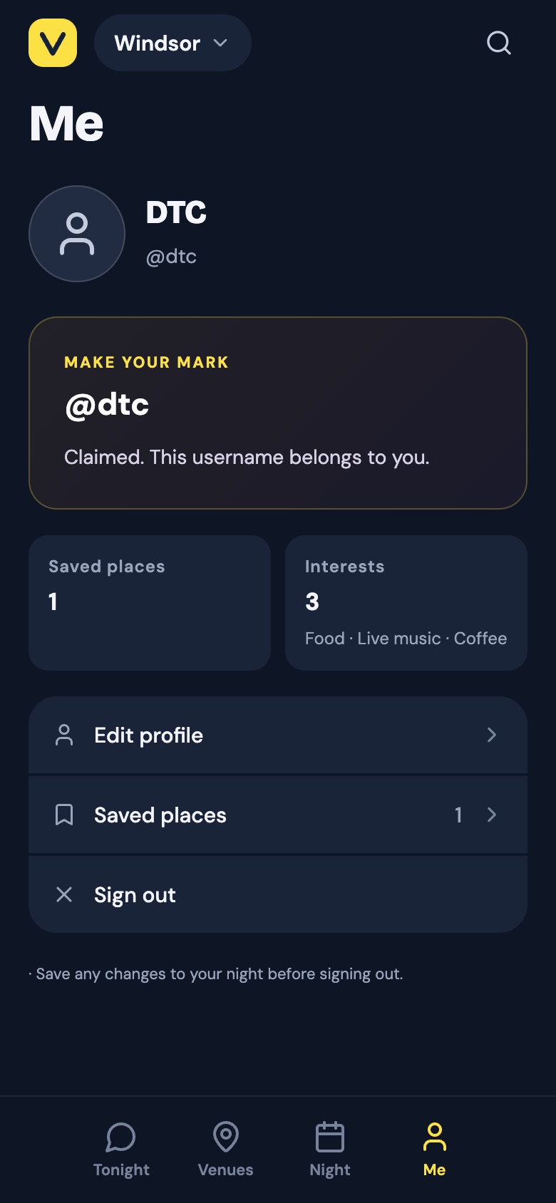 Your Vouch profile showing your saved places and interests