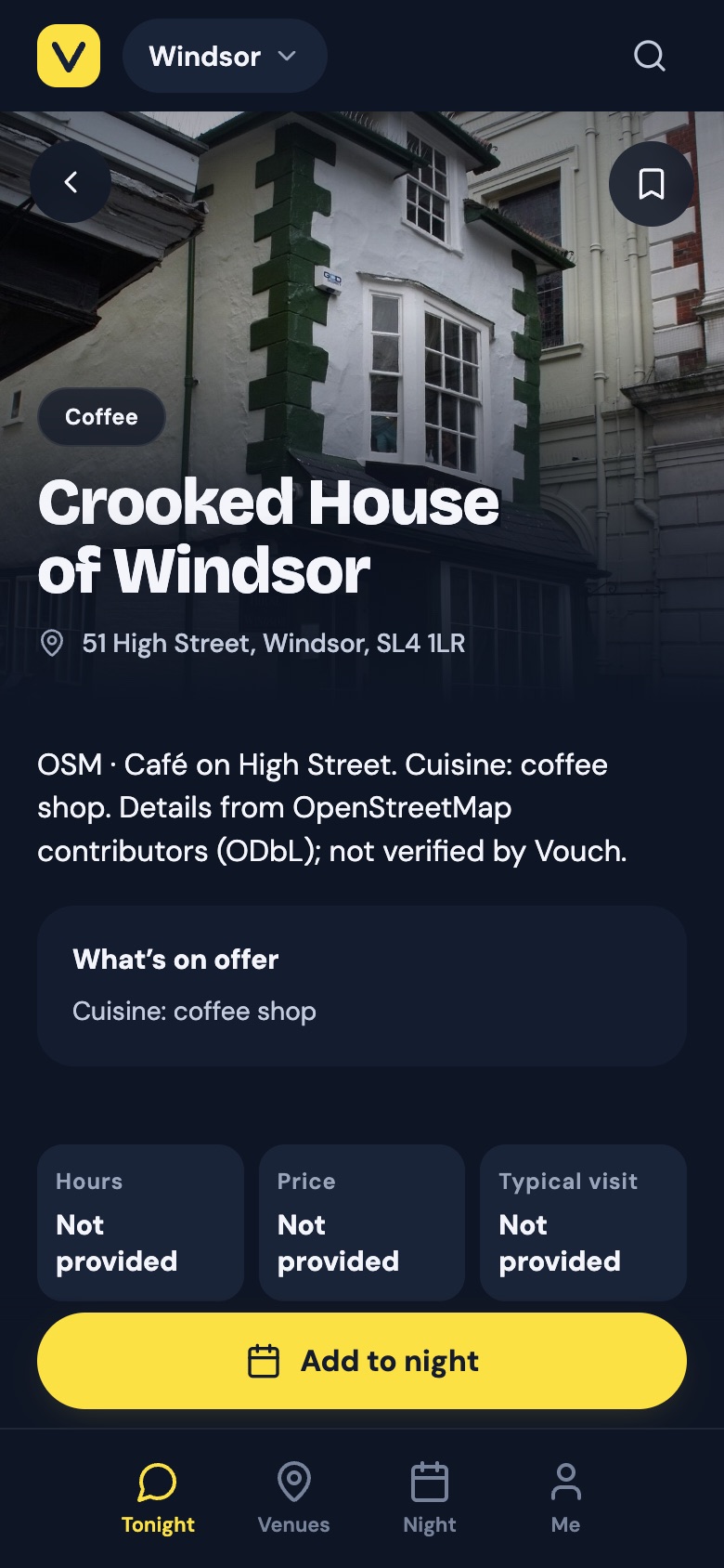 A venue page with its photo, address and details